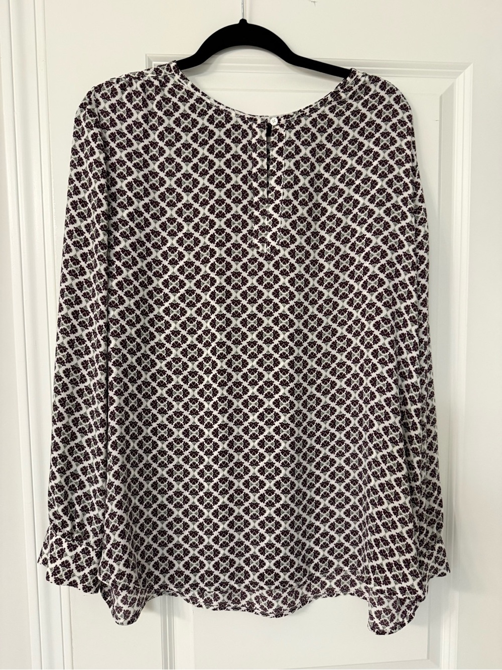 LOFT White and Burgundy Geometric Print Long Sleeve Blouse